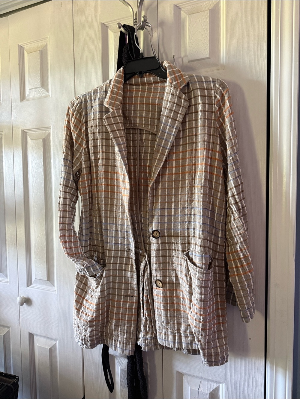Free People Plaid Textured Blazer in Beige, Orange, Blue